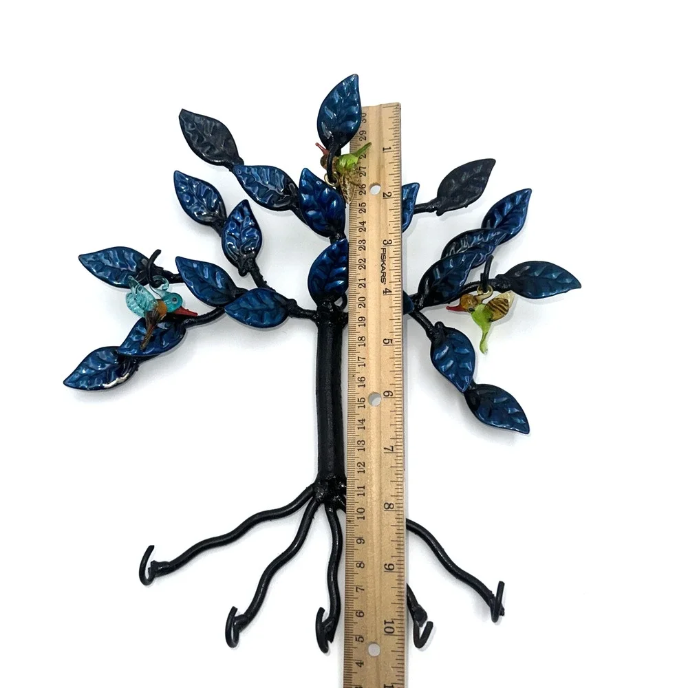 Tree of Life Humming Bird Black Blue Metal Wall Mounted Key Holder with 5 Hooks